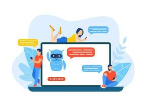 Talking to a chatbot online on laptop computer. Communication with a chat bot. Customer service and support. Artificial intelligence concept. vector