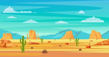 Desierto paisaje. cactus plantas y rocas en el playa. natural antecedentes. paisaje Arizona o mexico caliente arena. vector ilustración en plano estilo