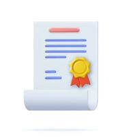 3d Achievement, award, grant, diploma concepts. certificate icon with stamp and ribbon bow. 3d rendering. Vector illustration