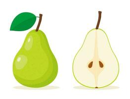 Green pear food icon. Green pear fruit whole and half. Summer fruits for healthy lifestyle. Vector illustration in flat style