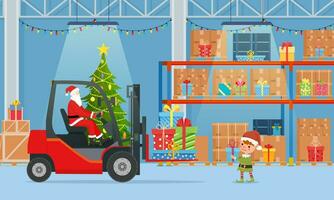 Santa Claus in Red Forklift Loaded with Christmas Tree. Christmas Presents Delivery and Shipping. Merry Christmas Holiday. New Year and Xmas. Vector illustration in flat style