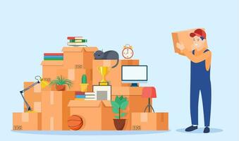 Concept moving house. Relocation to apartment. Delivery service. Moving with boxes to new home. Male mover, paper cardboard boxes with goods. Vector illustration in flat style