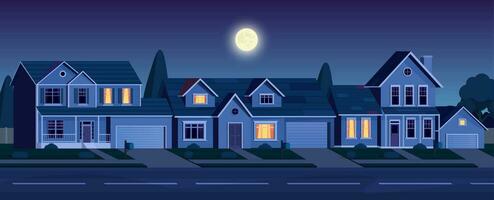 urbano o suburbano barrio a noche con real inmuebles propiedad, casas con luces. dibujos animados paisaje con suburbano cabañas, Luna y estrellas en oscuro cielo. vector ilustración en un plano estilo