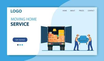 Moving house service. Moving with sofa and various boxes to new home. Delivery service concept. Delivery truck with a bunch of boxes. Landing page concept. Vector illustration in flat style