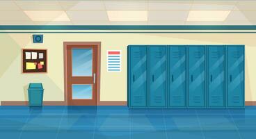 Empty School Corridor Interior With Row Of Lockers,closed door to classroom. Horizontal Banner. cartoon College campus hall or university lobby. Vector illustration in a flat style