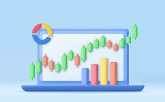 3D online stock trading with laptop. Notebook using funding business graph on computer. Investment trading in the stock market, Candle stick graph chart. 3d rendering. Vector illustration