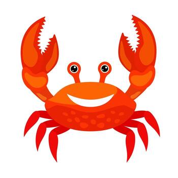 red cartoon smiling crab. Crab character smiling with big claws isolated on white background. Vector illustration in flat style