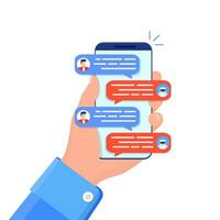 Chatbot concept. woMan chatting with chat bot on smartphone. Chat messages notification on smartphone. Chatbot ai and customer service concept. Vector illustration in flat style