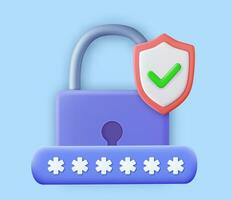 3d security shield lock check mark.Password protected icon. secure login concept. 3d rendering. security concept padlock login password. Vector illustration