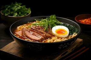 ai generado un sabroso cuenco de ramen con oferta rebanadas de cerdo, hervido huevo, nori, y cebolletas en un Rico caldo. generativo ai foto