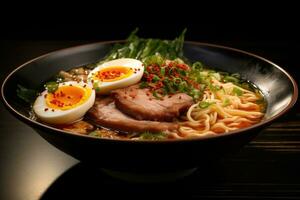 ai generado un sabroso cuenco de ramen con oferta rebanadas de cerdo, hervido huevo, nori, y cebolletas en un Rico caldo. generativo ai foto