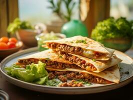 AI generated Delicious Mexican quesadilla with minced meat, vegetables and greens. Traditional food, Latin American, Mexican cuisine. Photorealistic, background with bokeh effect. AI generated. photo