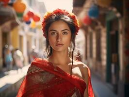 AI generated Latin American, Mexican girl in a national costume on the street of a Latin American city on sunny day. National Festival. Photorealistic, background with bokeh effect. AI generated. photo