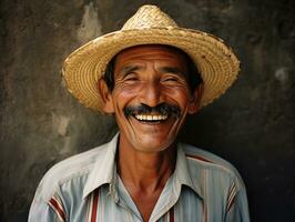 AI generated Portrait of a poor elderly Latin American. A laughing happy man. AI generated illustration. photo