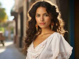 AI generated Latin American, Mexican girl in a national costume on the street of a Latin American city on sunny day. National Festival. Photorealistic, background with bokeh effect. AI generated. photo