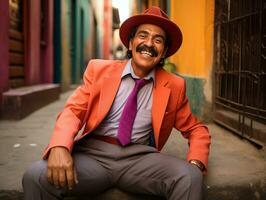 ai generado un mayor latín americano, mexicano hombre en el sombrero en el calle de un latín americano ciudad. nacional festival. un feliz, no Rico hombre. fotorrealista ai generado. foto