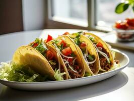 ai generado delicioso mexicano tacos con carne y vegetales. tradicional alimento, latín americano, mexicano cocina. fotorrealista, antecedentes con bokeh efecto. ai generado. foto