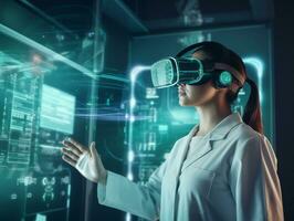 AI generated A female scientist, medicine doctor wearing virtual reality glasses in a laboratory, testing result of patient with simulator interface, technology in science and medicine. AI generated. photo