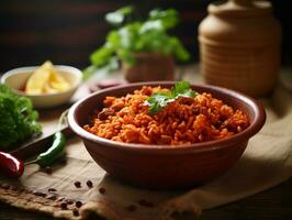 AI generated Delicious Mexican red rice with greens. Traditional food, Latin American, Mexican cuisine. Photorealistic, background with bokeh effect. AI generated. photo
