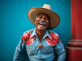 ai generado un mayor latín americano, mexicano hombre en el sombrero en el calle de un latín americano ciudad. nacional festival. un feliz, no Rico hombre. fotorrealista ai generado. foto