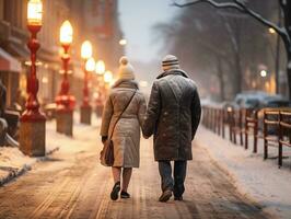 AI generated An elderly couple walks hand in hand along a snowy street. The view from the back. The love of the elderly, winter holidays. AI generated illustration. photo