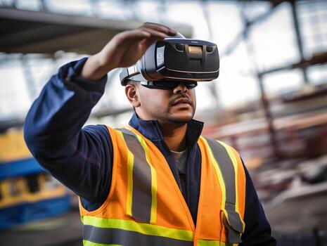 AI generated A futuristic architectural engineer, civil engineer wearing an augmented reality headset and overalls on a construction site. Building structures in the background. AI generated. photo