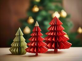 AI generated Homemade paper decorations in the form of Christmas trees for Christmas. Handmade, winter, holidays, photorealism. AI generated illustrations. photo