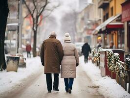 AI generated An elderly couple walks hand in hand along a snowy street. The view from the back. The love of the elderly, winter holidays. AI generated illustration. photo