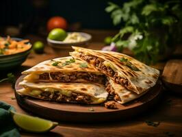 AI generated Delicious Mexican quesadilla with minced meat, vegetables and greens. Traditional food, Latin American, Mexican cuisine. Photorealistic, background with bokeh effect. AI generated. photo