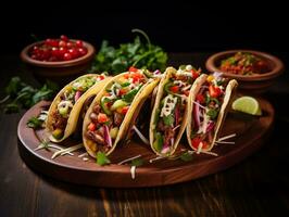 AI generated Delicious Mexican tacos with meat and vegetables. Traditional food, Latin American, Mexican cuisine. Photorealistic, background with bokeh effect. AI generated. photo