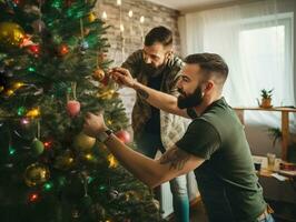 AI generated Two  LGBT men decorating christmas tree at home, men couple smiling. Photorealistic illustration. AI generated illustration. photo