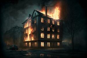 AI generated Multistorey residental or office building on fire accident. Neural network generated art photo