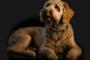 ai generado dorado labradoodle perro en un negro antecedentes. neural red ai generado foto