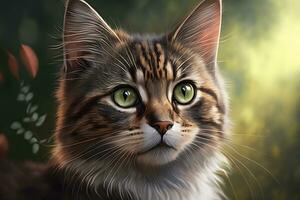 AI generated Portrait of domestic cat with tabby fur outdoors with nature background. Neural network generated art photo