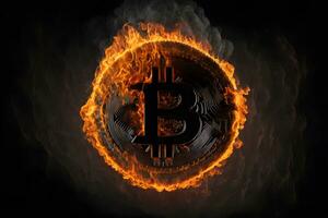 ai generado ardiente bitcoin en fuego fuego en negro antecedentes. neural red generado Arte foto