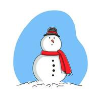 cartoon snowman stands in a hat and scarf. An idea for your design, postcards, banners, a print for clothes, wrapping paper, a gift for a friend. Flat style. Handmade with brushes vector