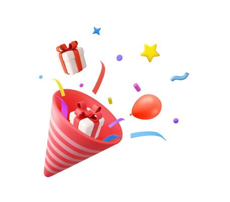 3D Party popper with explosion confetti and gift boxes. Birthday surprise. Firecracker with serpentine. Holiday and event celebration. 3d rendering. Vector illustration