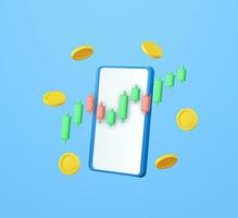 3D stock online trading with smartphone and money coin. nvestment trading in the stock market, Candle stick chart. 3d rendering. Vector illustration