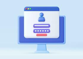 3d Computer and account login and password form page on screen. Sign in to account, user authorization, login authentication page concept. Username, password fields. 3d rendering. Vector illustration