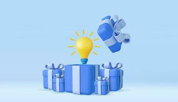 3d yellow light bulb in open gift box. business idea tip concept, minimal abstract. 3d rendering. Vector illustration