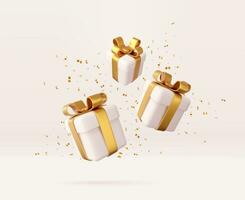 3d blanco regalo cajas con dorado cinta y arco y lentejuelas papel picado. cumpleaños celebracion concepto. alegre nuevo año y alegre Navidad regalo cajas con dorado arcos 3d representación. vector ilustración