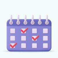 3d Calendar assignment icon with check sign. Planning concept. Day month year time concept. 3d rendering. Vector illustration