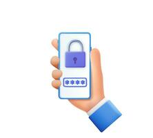 3d hand holding smartphone with padlock and password isolated over white background. Internet security concept. 3d render. Vector illustration