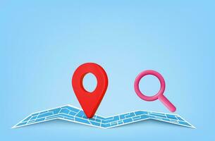 3d render pin pointer and Map location search GPS, travel navigation concept. Paper map, banner, website. Vector illustration