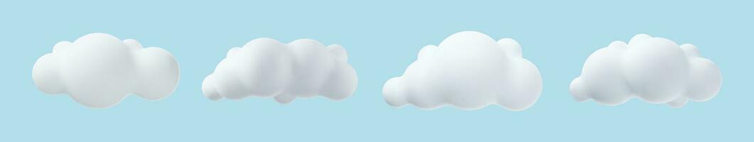 3d realistic simple clouds set isolated on blue background. Render soft round cartoon fluffy clouds icon in the sky. Vector illustration