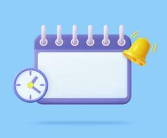 3D reminder in calendar. Calendar with clock and notification bell. alert for business planning ,events, reminder in calendar background. 3d render. Vector illustration