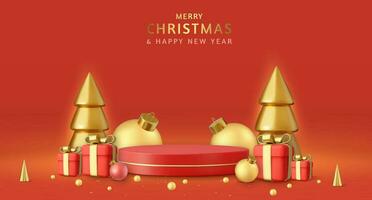 3d Christmas and New Year round podium studio with 3d bauble balls, cone trees, gift box. Creative holiday template. Xmas winter composition. Banner and web poster. 3d rendering. Vector illustration