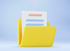 yellow portfolio folder 3d icon. Information plastic file with documentation. folder with files, paper icon. File management concept. 3d rendering. Vector illustration