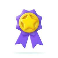 3d Winner medal with star and ribbon. Cartoon minimal style. Premium quality, quality guarantee symbol. 3d rendering Certificate Blank badge icon. Vector illustration