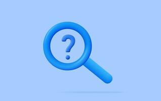 Blue question mark and search magnifying glass symbol concept on find faq background with discovery or research magnifier object. 3D rendering. Vector illustration